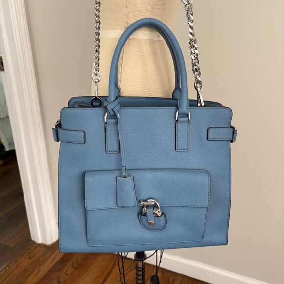Michael Kors Tote Bag Emma Satchel Shoulder Crossbody Blue Pockets Leather - Picture 2 of 14